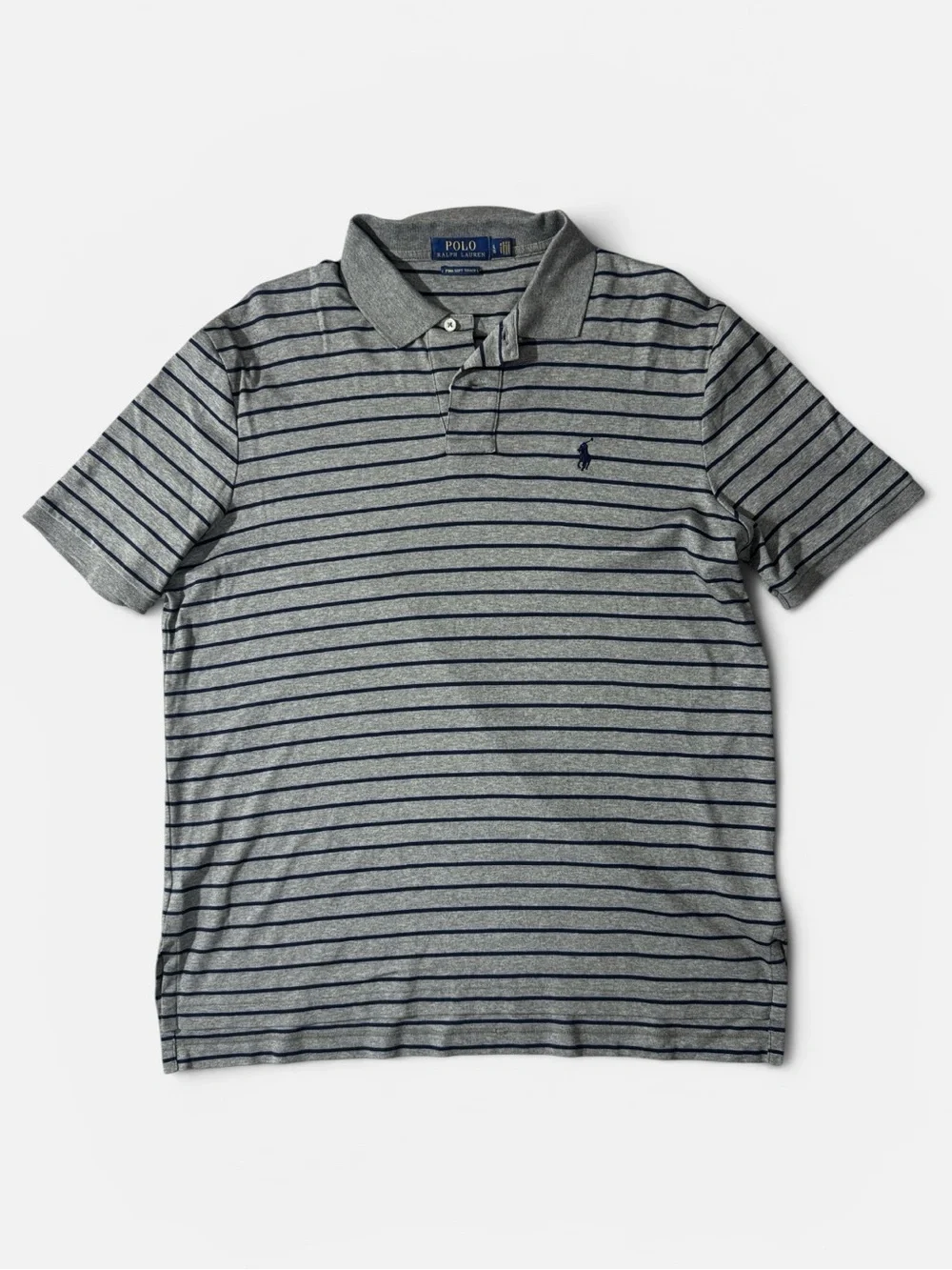 Polo Ralph Lauren mens L Large gray stripe Pima soft cotton knit polo shirt EUC